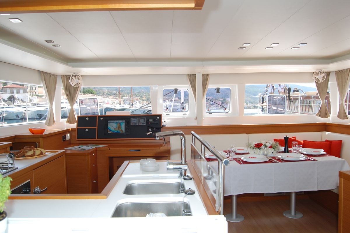 Galley of Amelia, a Lagoon 450 Fly catamaran at Athens, Greece