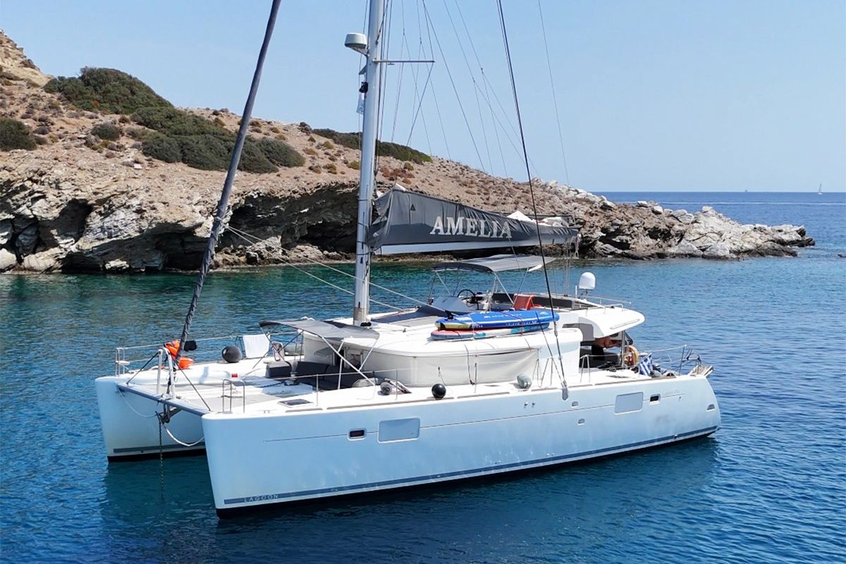 Exterior view of Amelia, a Lagoon 450 Fly catamaran at Athens, Greece
