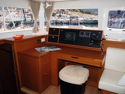 Cockpit of Amelia, a Lagoon 450 Fly catamaran at Athens, Greece