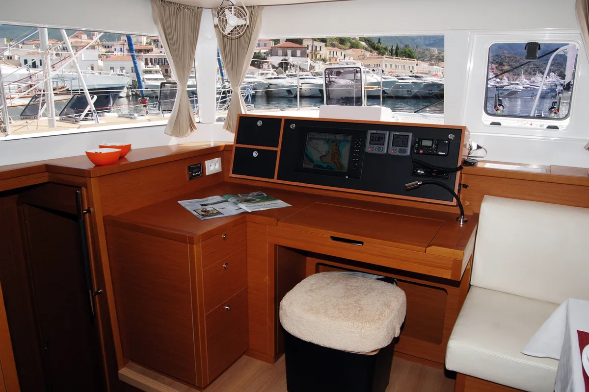 Cockpit of Amelia, a Lagoon 450 Fly catamaran at Athens, Greece