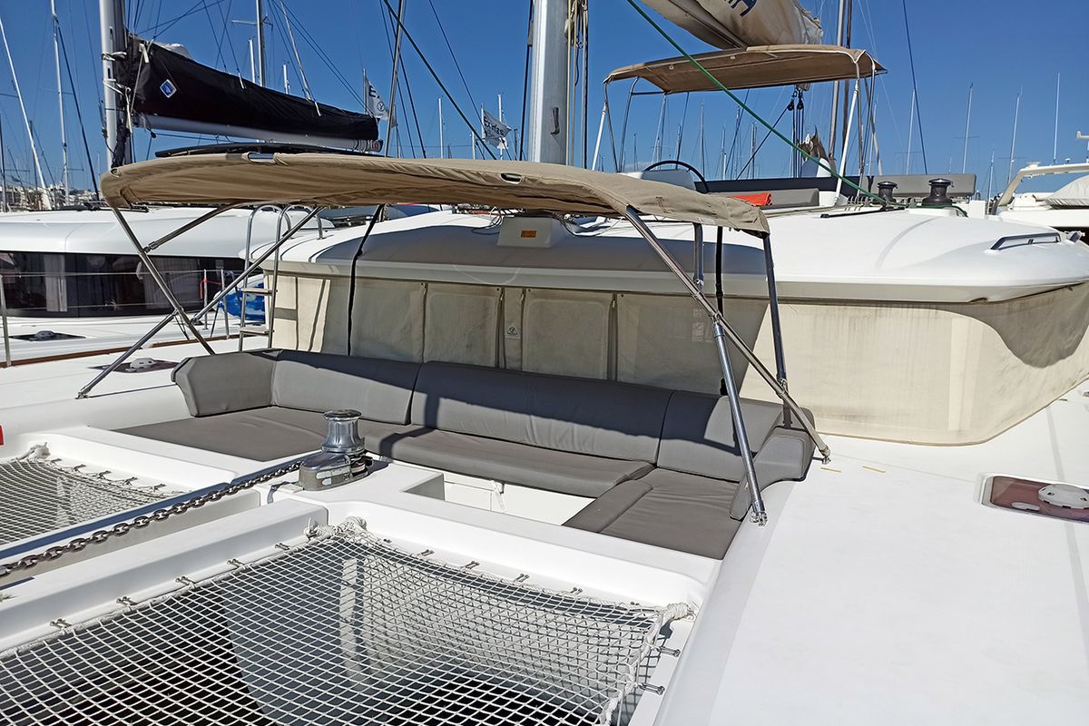 Deck of Amelia, a Lagoon 450 Fly catamaran at Athens, Greece