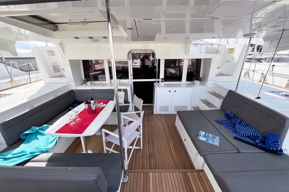 Deck of Amelia, a Lagoon 450 Fly catamaran at Athens, Greece