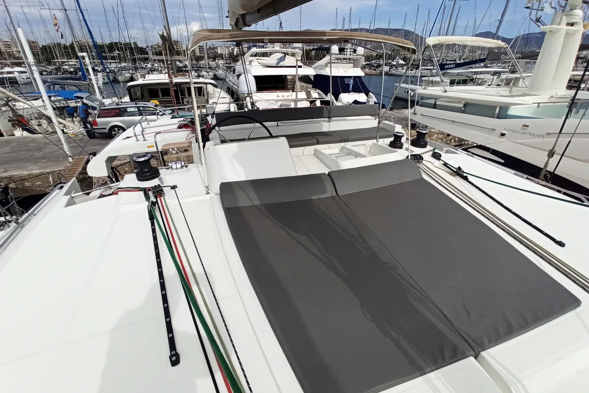 Deck of Amelia, a Lagoon 450 Fly catamaran at Athens, Greece