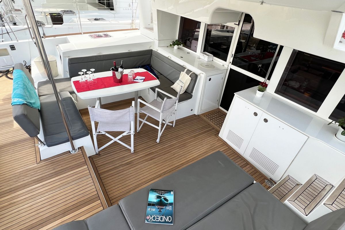 Deck of Amelia, a Lagoon 450 Fly catamaran at Athens, Greece