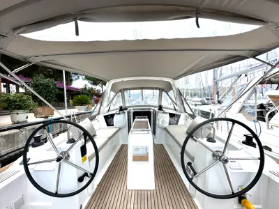 Cockpit of Sail Pride, a Beneteau Oceanis 38.1 sailboat at Marmaris, Turkey