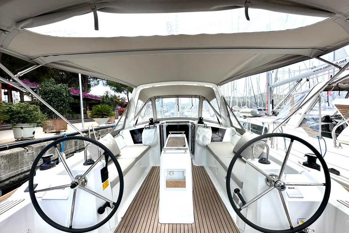 Cockpit of Sail Pride, a Beneteau Oceanis 38.1 sailboat at Marmaris, Turkey