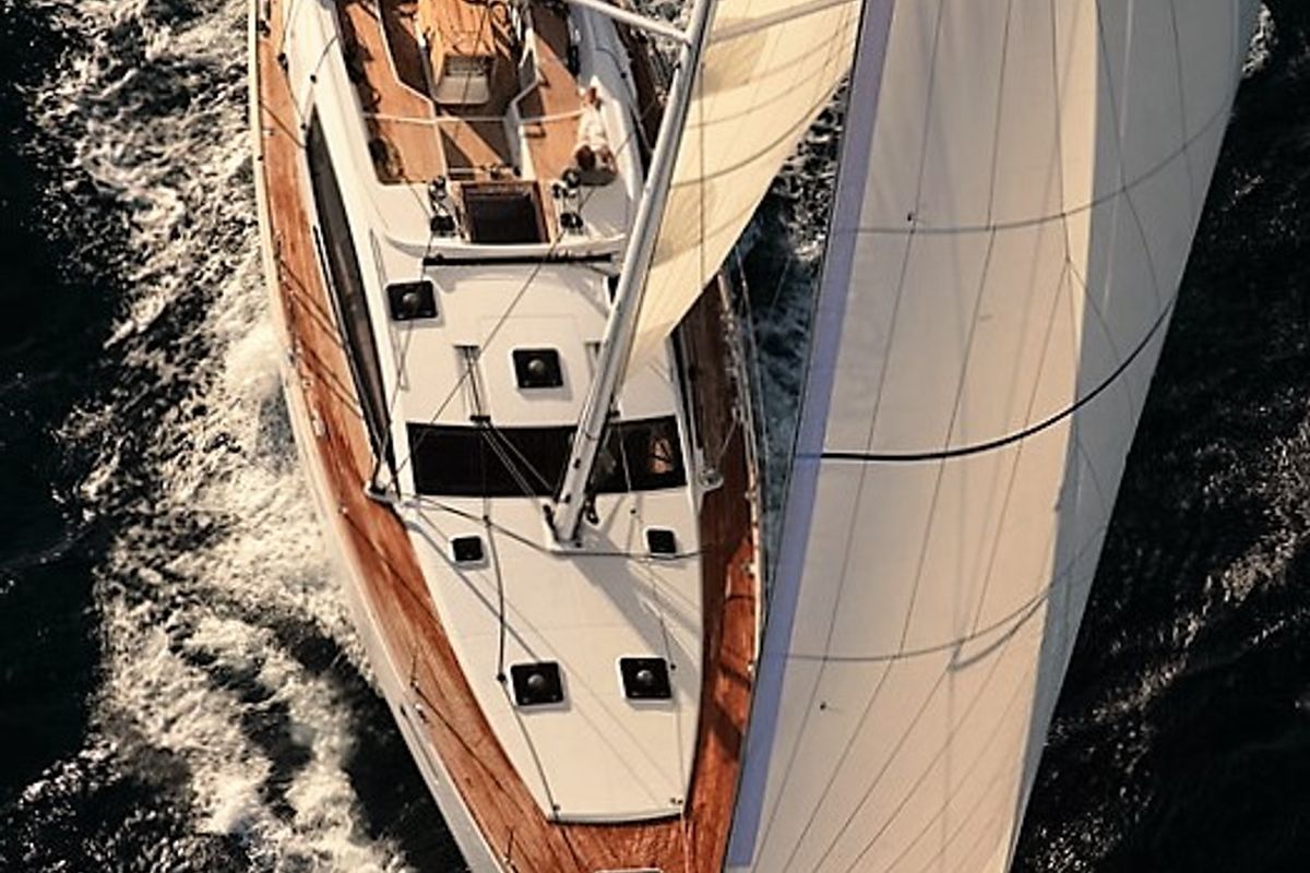 Exterior view of Aybalam, a Jeanneau 53 sailboat at Bodrum, Turkey