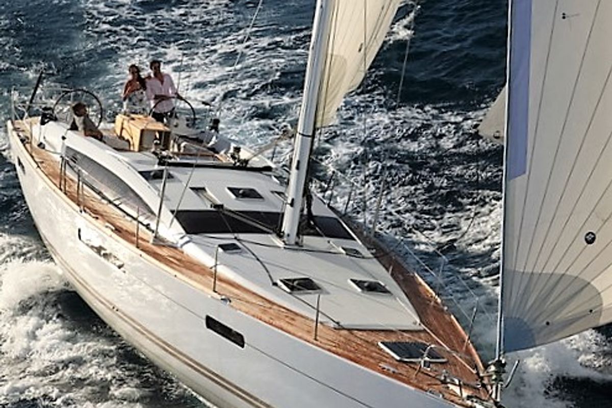 Exterior view of Aybalam, a Jeanneau 53 sailboat at Bodrum, Turkey