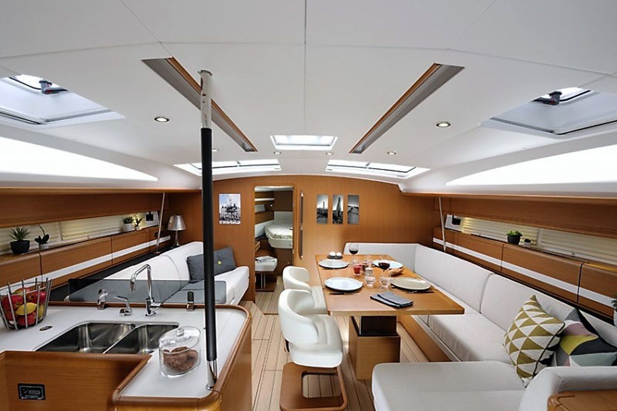 Salon of Aybalam, a Jeanneau 53 sailboat at Bodrum, Turkey
