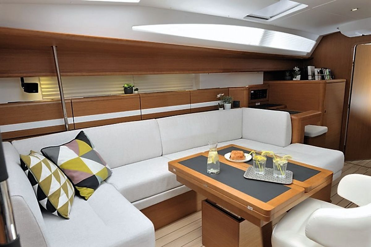 Salon of Aybalam, a Jeanneau 53 sailboat at Bodrum, Turkey