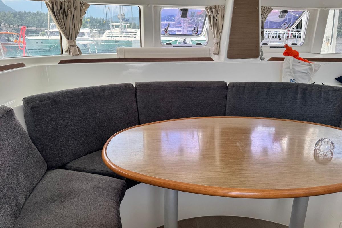 Salon of Papanga, a Lagoon 380 catamaran at Eden Island Marina, Seychelles