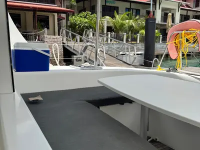 Deck of Papanga, a Lagoon 380 catamaran at Eden Island Marina, Seychelles