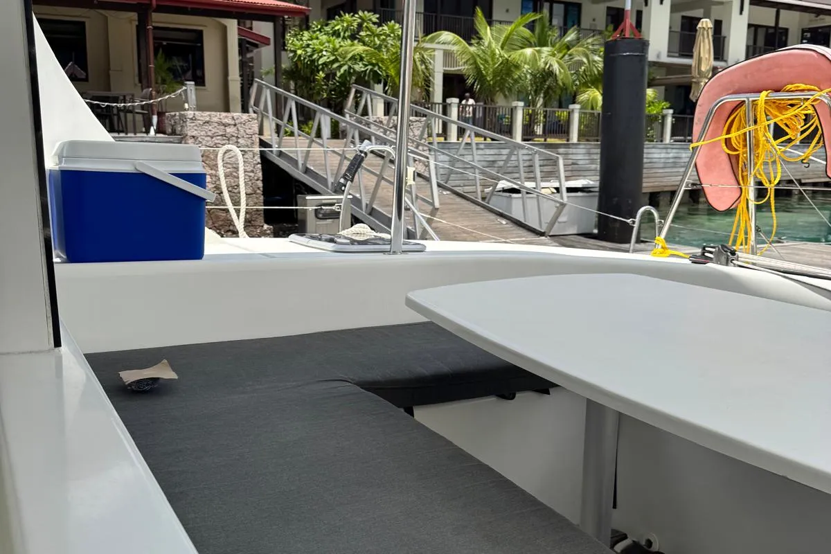 Deck of Papanga, a Lagoon 380 catamaran at Eden Island Marina, Seychelles