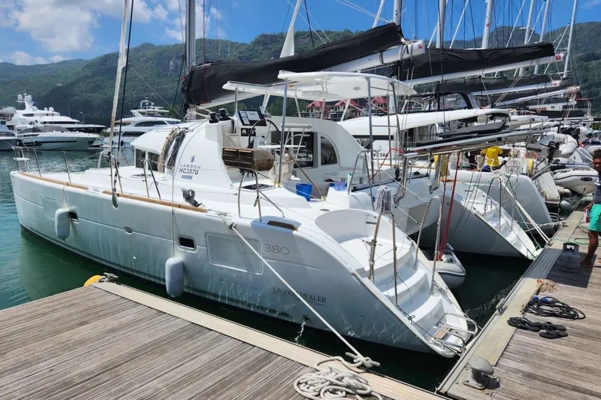 Exterior view of Papanga, a Lagoon 380 catamaran at Eden Island Marina, Seychelles