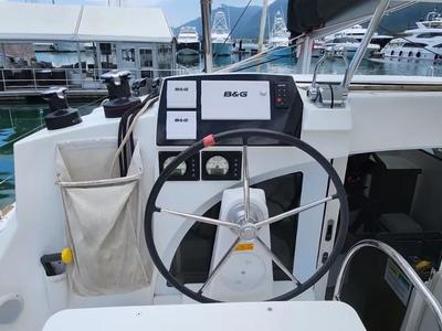 Cockpit of Papanga, a Lagoon 380 catamaran at Eden Island Marina, Seychelles
