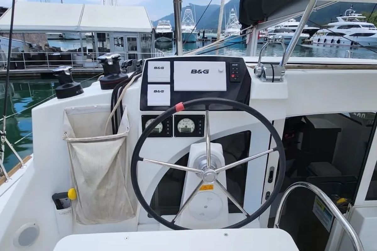 Cockpit of Papanga, a Lagoon 380 catamaran at Eden Island Marina, Seychelles