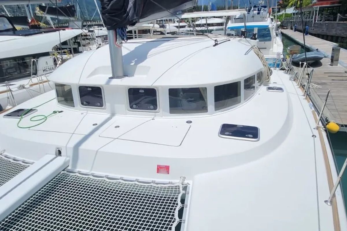Deck of Papanga, a Lagoon 380 catamaran at Eden Island Marina, Seychelles