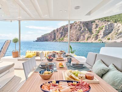 Deck of EFKRATI, a Lagoon 51 catamaran at Athens, Greece