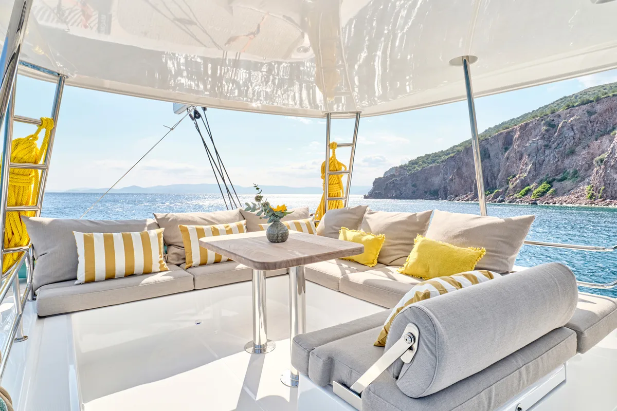Deck of EFKRATI, a Lagoon 51 catamaran at Athens, Greece