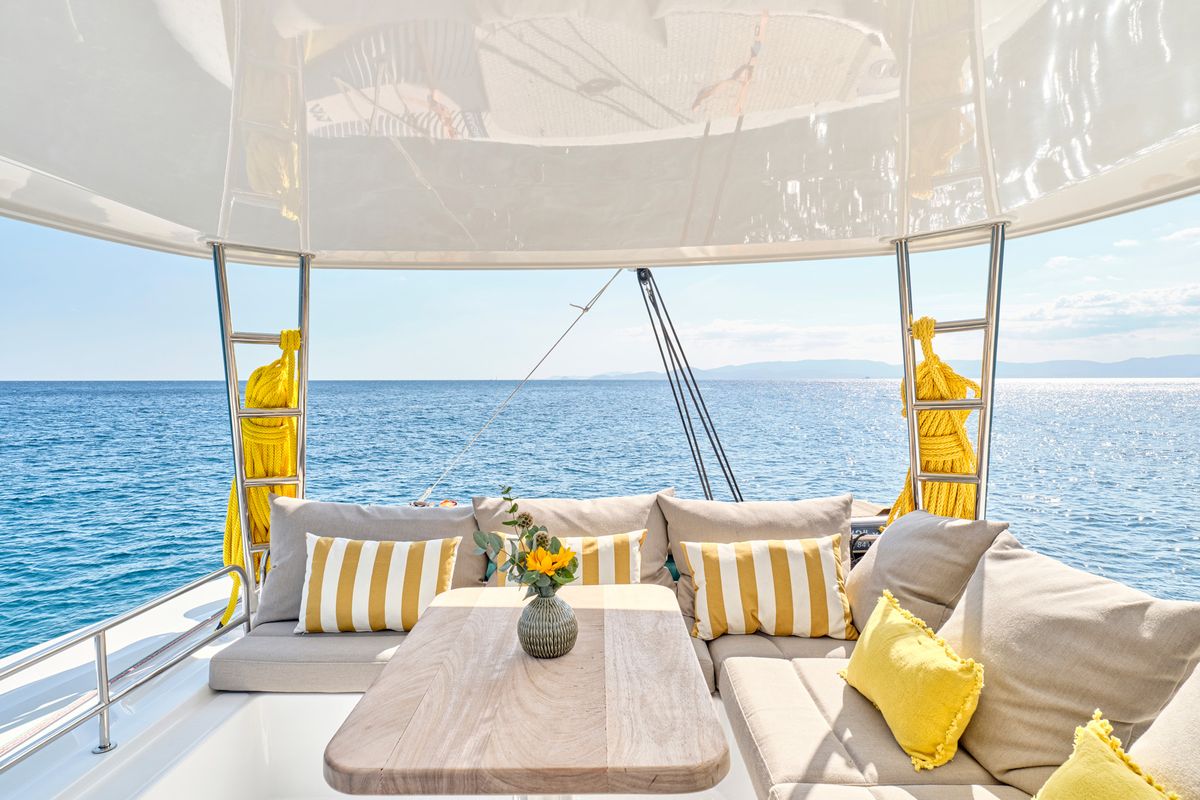 Deck of EFKRATI, a Lagoon 51 catamaran at Athens, Greece
