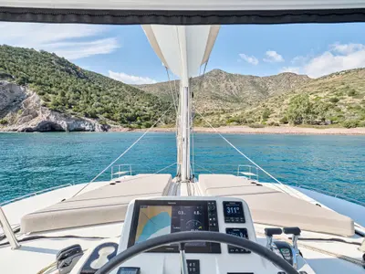 Cockpit of EFKRATI, a Lagoon 51 catamaran at Athens, Greece