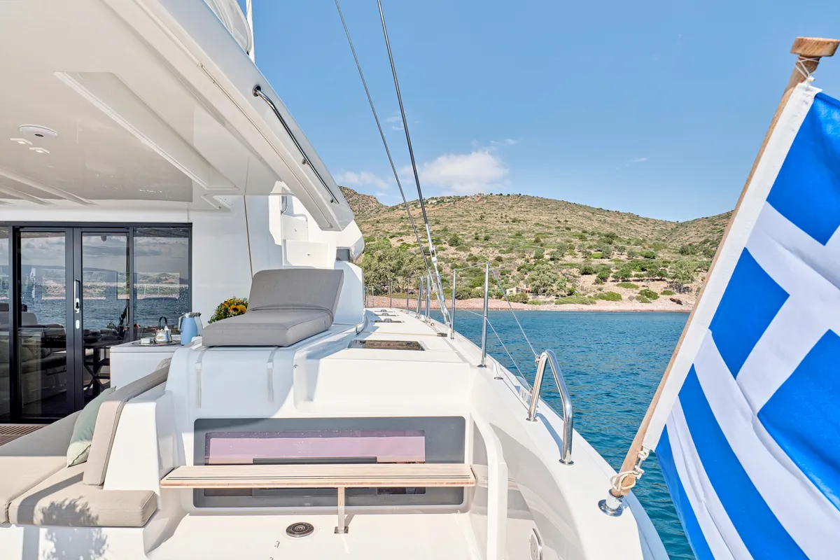 Deck of EFKRATI, a Lagoon 51 catamaran at Athens, Greece