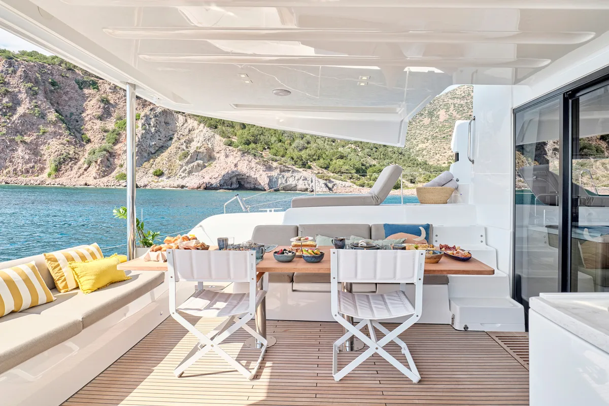 Deck of EFKRATI, a Lagoon 51 catamaran at Athens, Greece