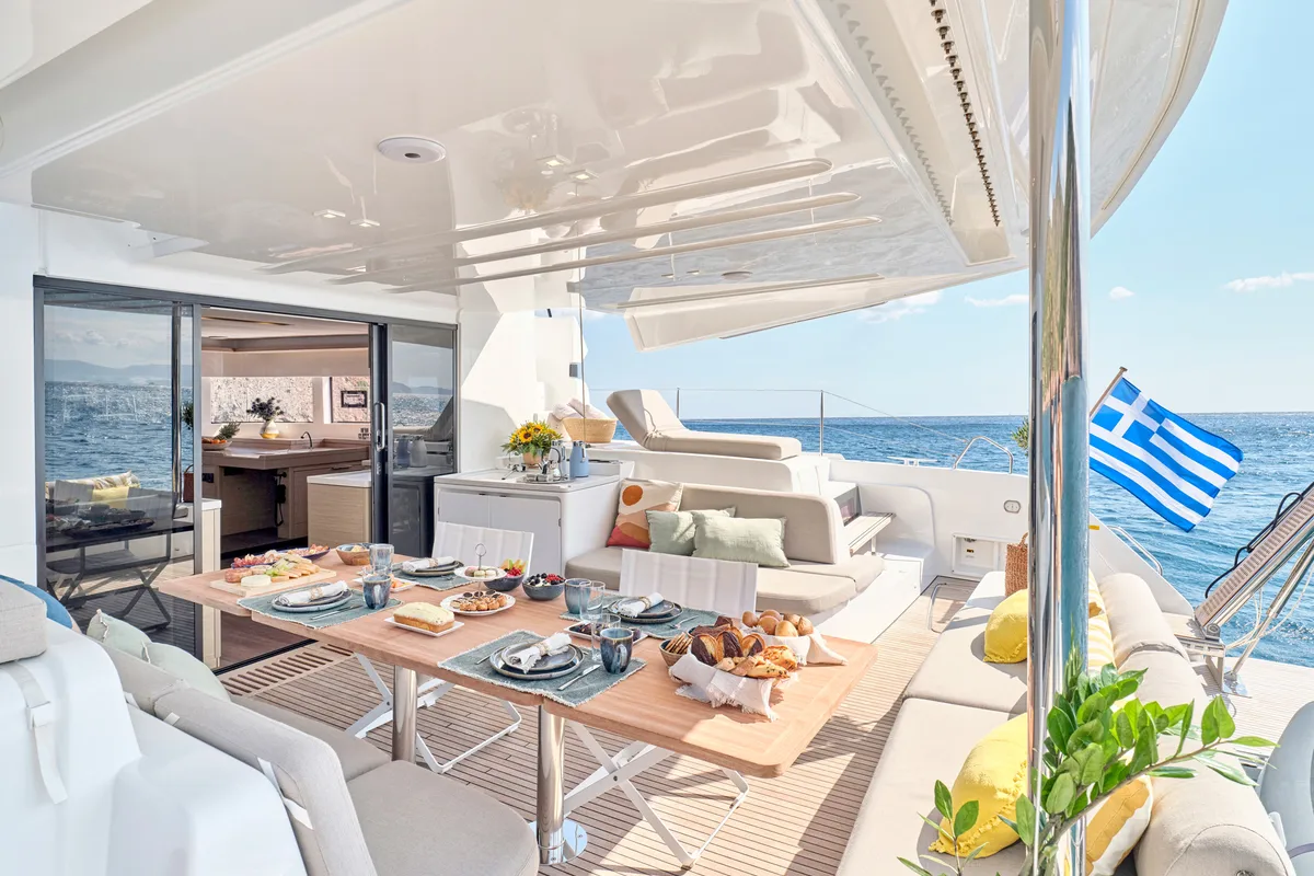 Deck of EFKRATI, a Lagoon 51 catamaran at Athens, Greece
