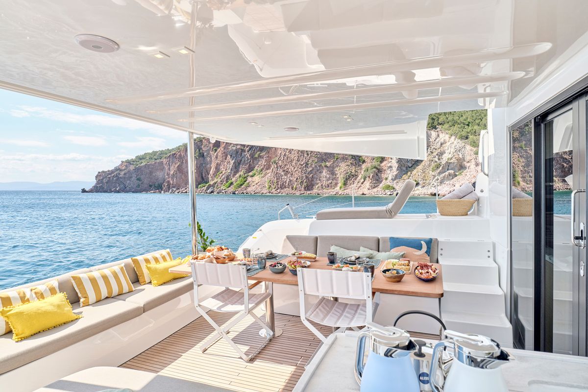 Deck of EFKRATI, a Lagoon 51 catamaran at Athens, Greece