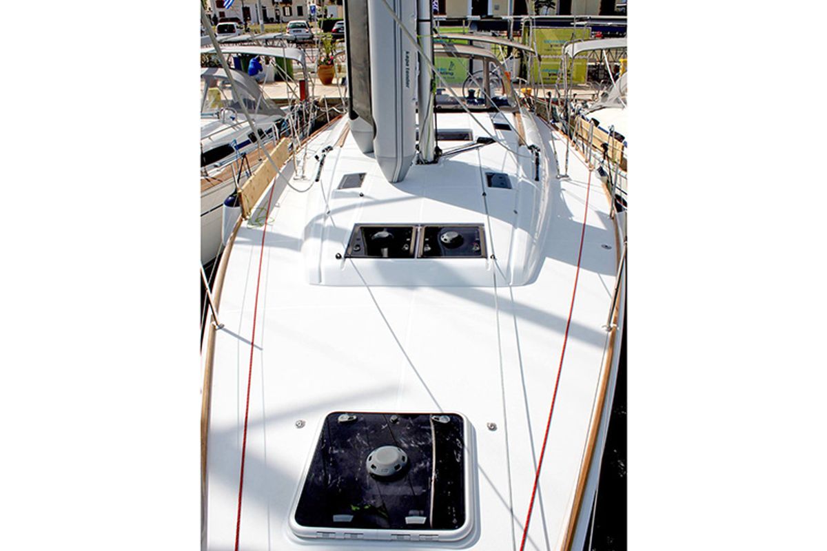 Deck of Athena, a Jeanneau Sun Odyssey 479 sailboat at Lavreotiki Municipal Unit, Greece