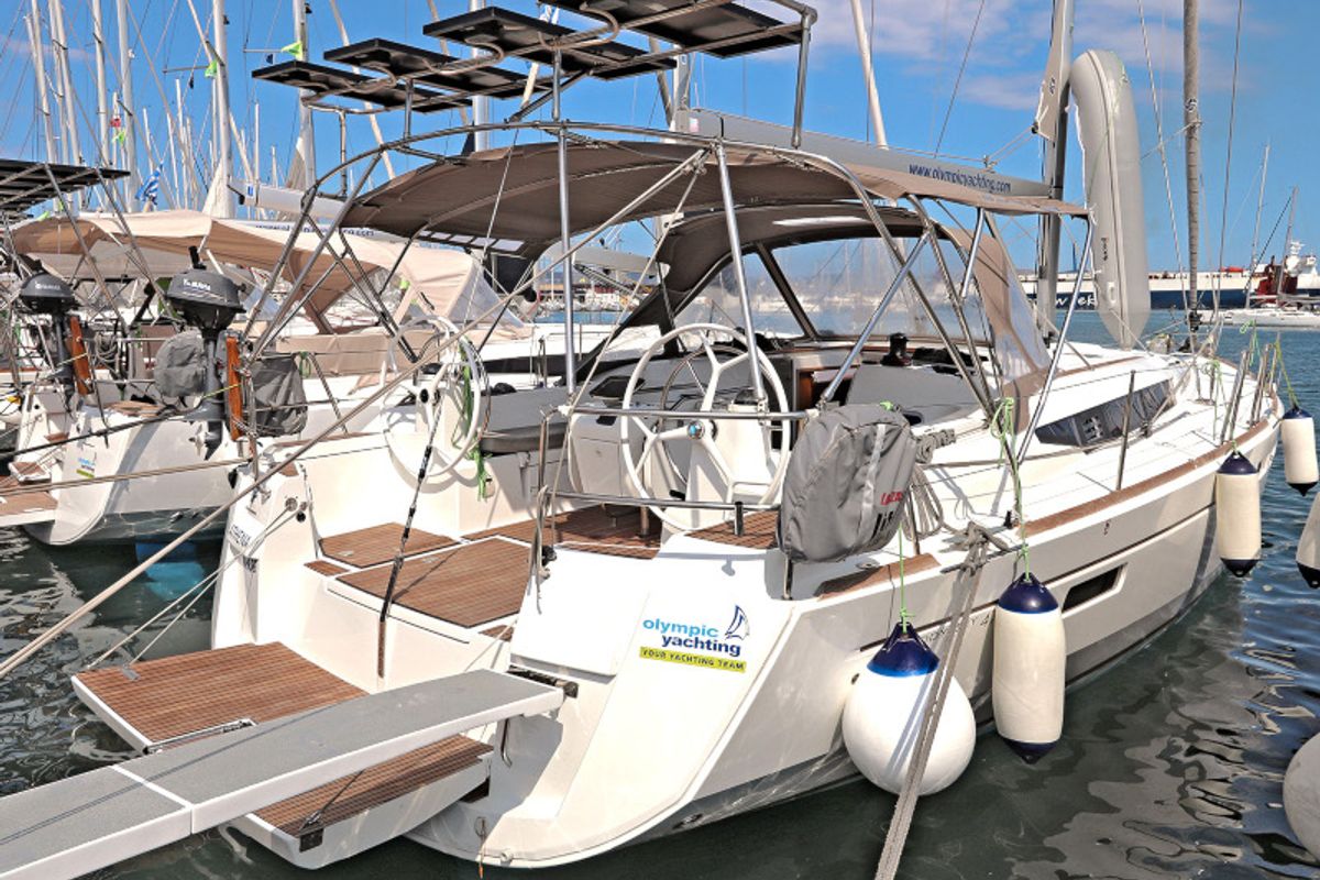 Exterior view of Athena, a Jeanneau Sun Odyssey 479 sailboat at Lavreotiki Municipal Unit, Greece