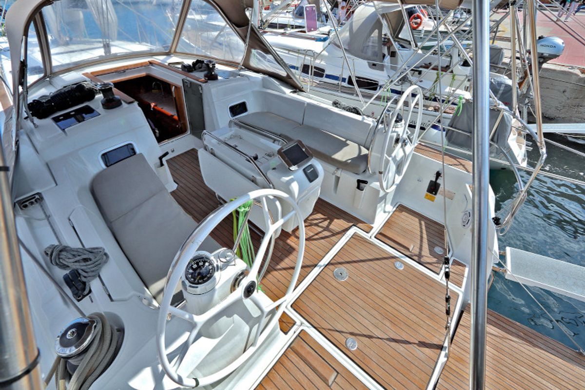 Cockpit of Athena, a Jeanneau Sun Odyssey 479 sailboat at Lavreotiki Municipal Unit, Greece