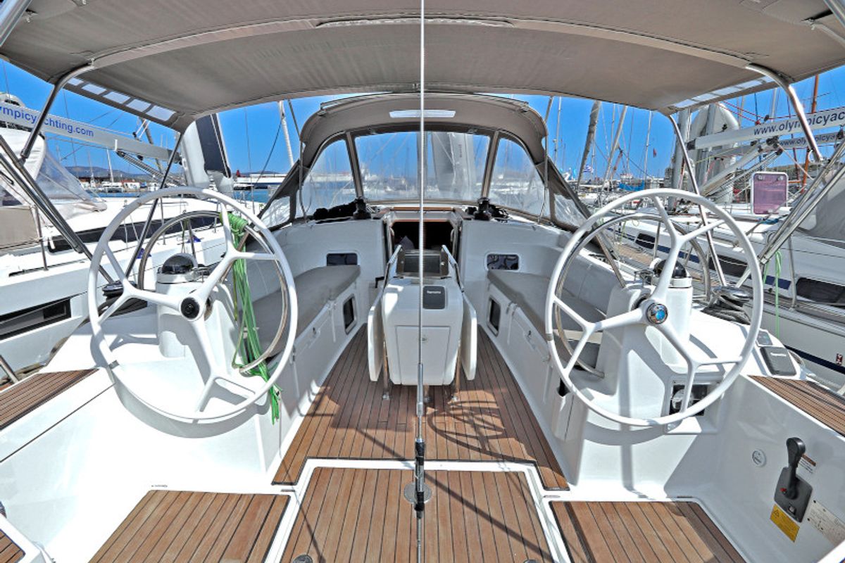 Cockpit of Athena, a Jeanneau Sun Odyssey 479 sailboat at Lavreotiki Municipal Unit, Greece