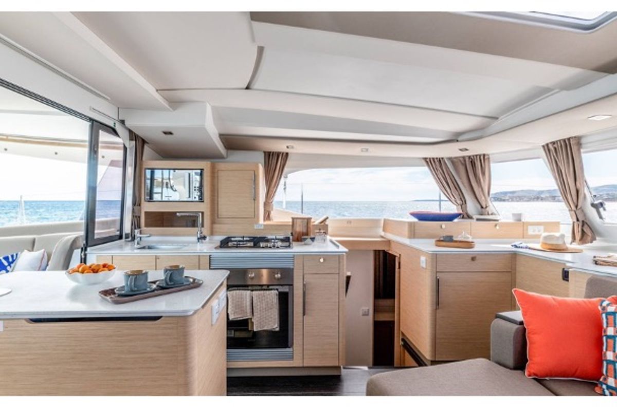 Salon of Cinséluna, a Fountaine Pajot FP 44 Maestro catamaran at Ventimiglia, Italy