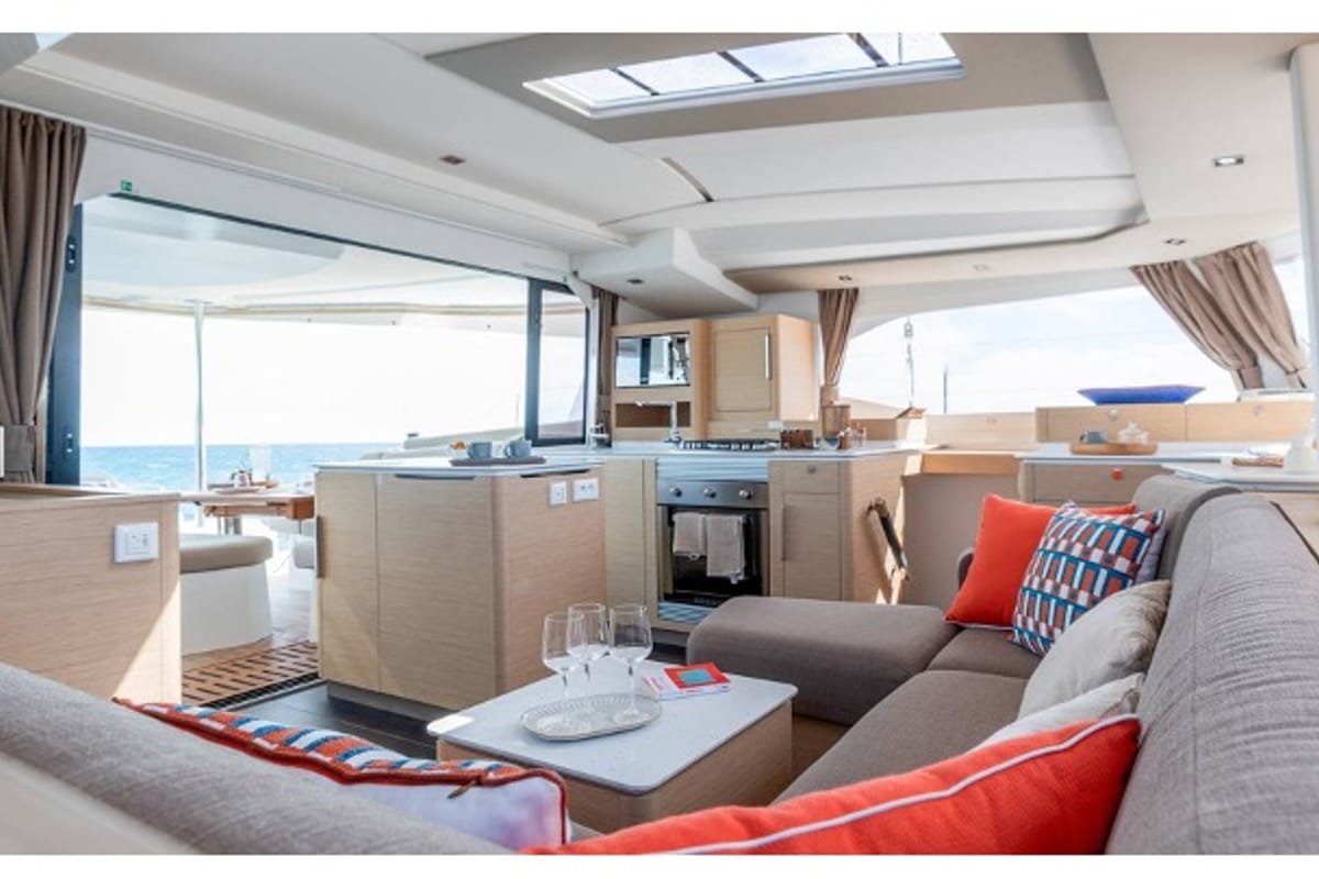 Salon of Cinséluna, a Fountaine Pajot FP 44 Maestro catamaran at Ventimiglia, Italy