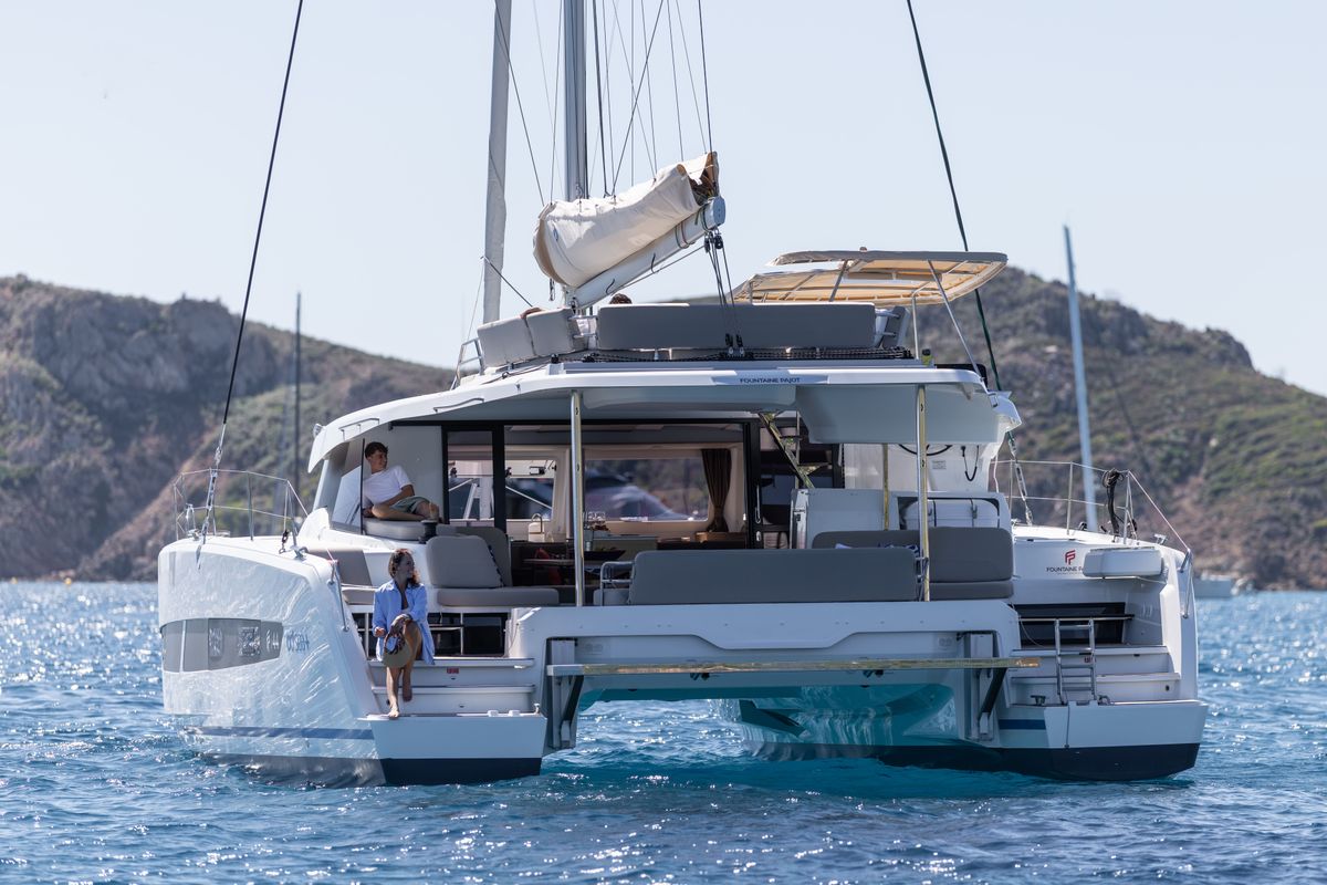 Exterior view of Cinséluna, a Fountaine Pajot FP 44 Maestro catamaran at Ventimiglia, Italy