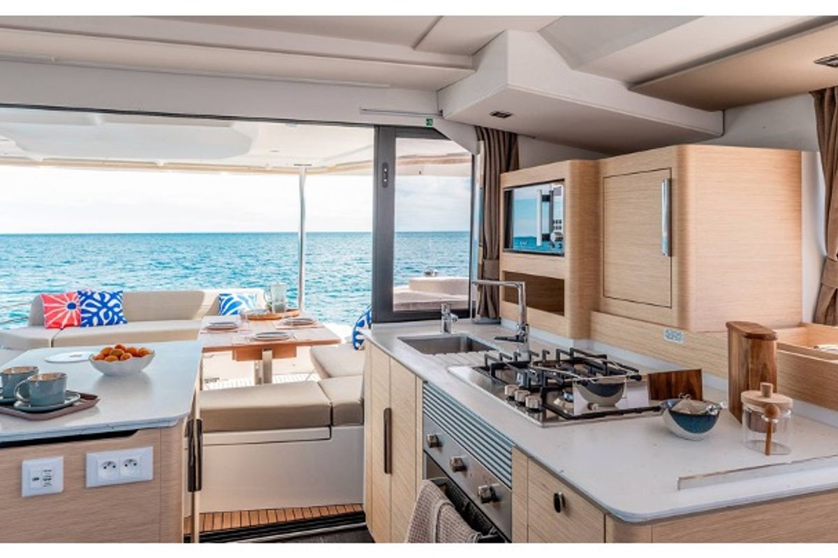 Galley of Cinséluna, a Fountaine Pajot FP 44 Maestro catamaran at Ventimiglia, Italy