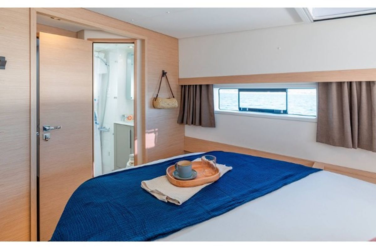 Cabin on Cinséluna, a Fountaine Pajot FP 44 Maestro catamaran at Ventimiglia, Italy