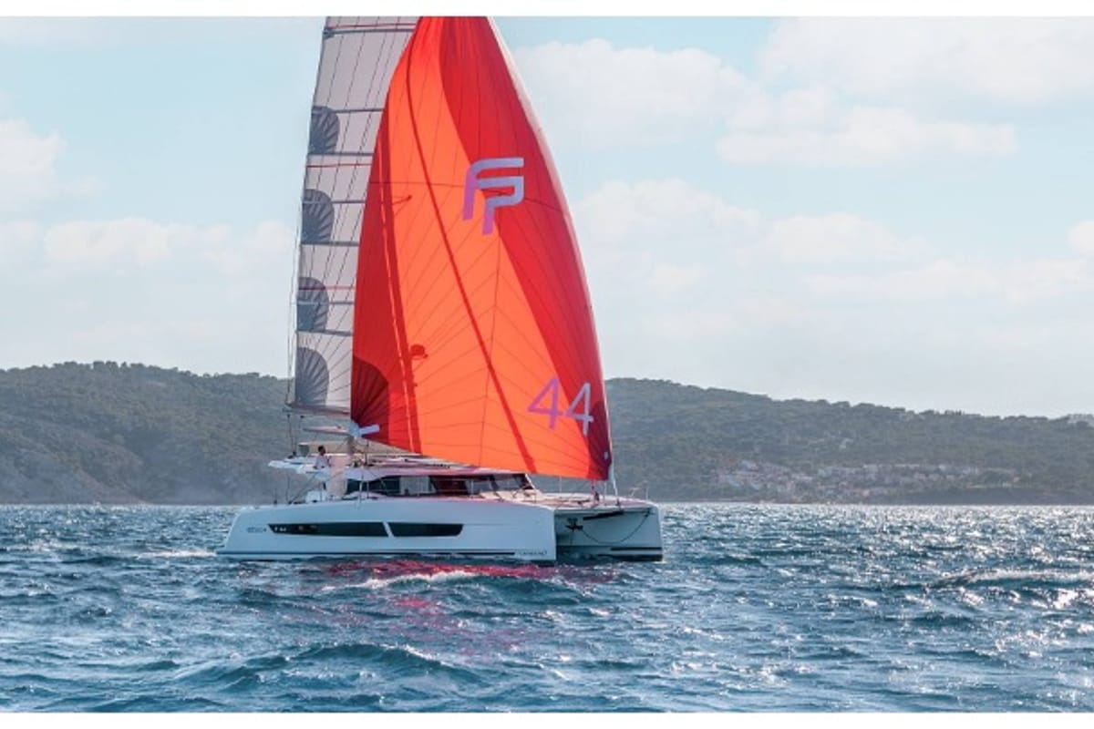 Exterior view of Cinséluna, a Fountaine Pajot FP 44 Maestro catamaran at Ventimiglia, Italy