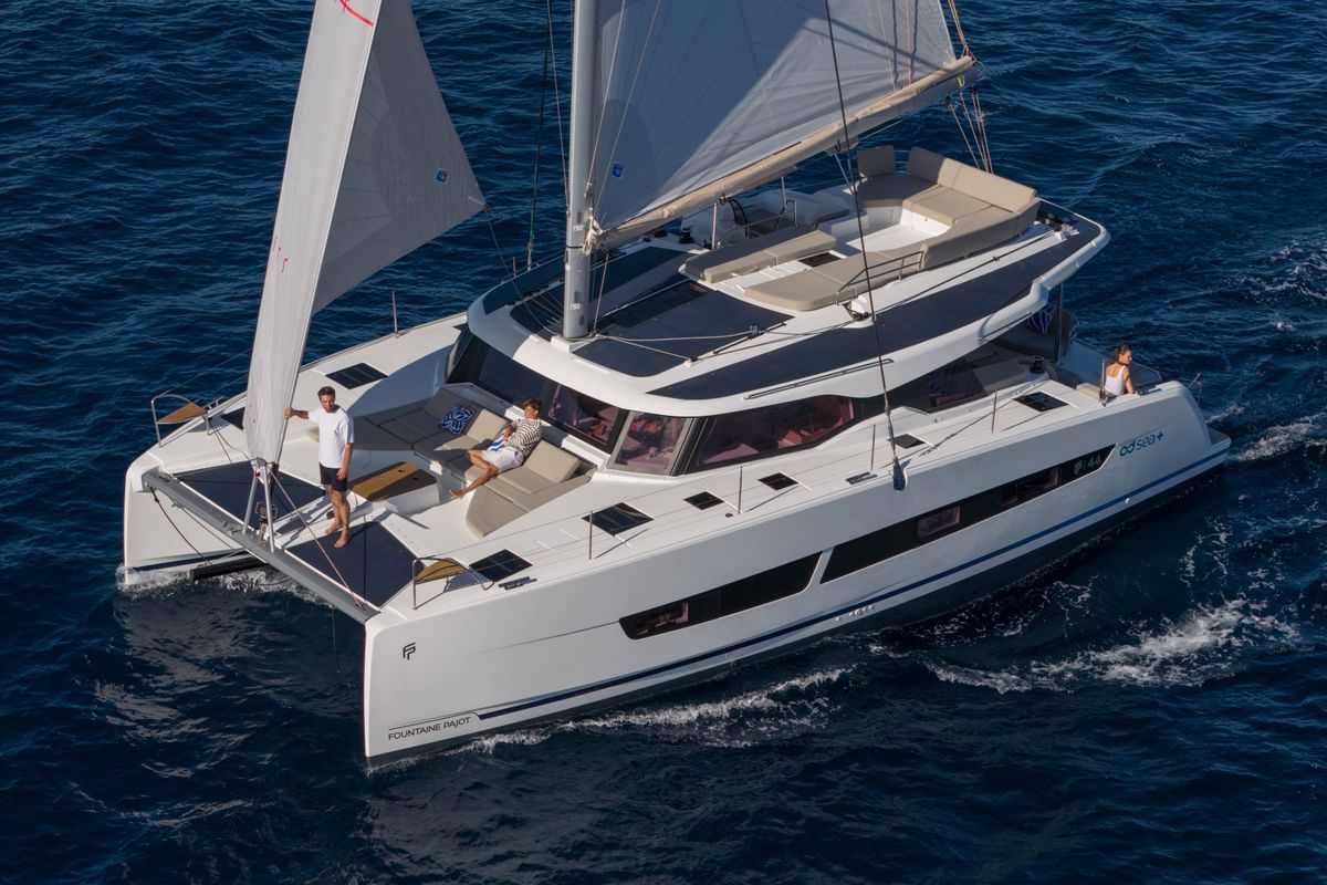 Exterior view of Cinséluna, a Fountaine Pajot FP 44 Maestro catamaran at Ventimiglia, Italy
