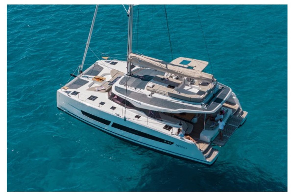 Exterior view of Cinséluna, a Fountaine Pajot FP 44 Maestro catamaran at Ventimiglia, Italy