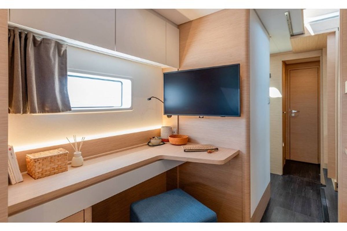 Cabin on Cinséluna, a Fountaine Pajot FP 44 Maestro catamaran at Ventimiglia, Italy