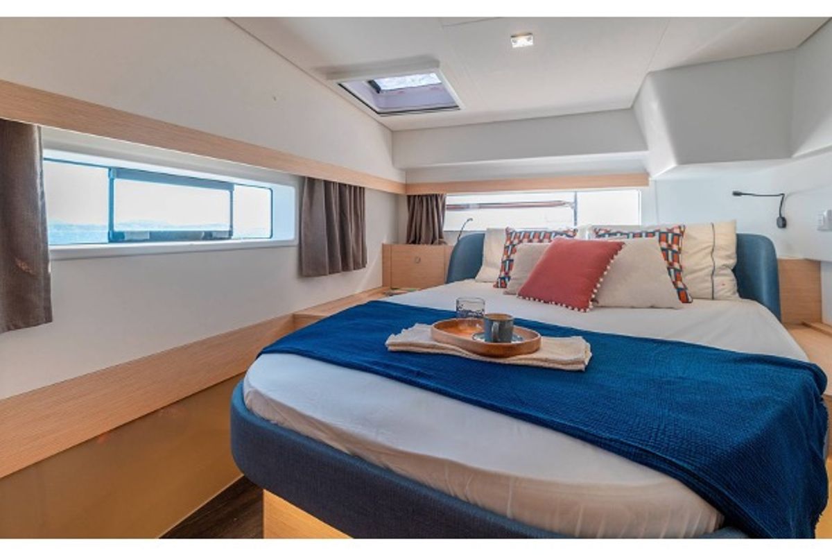 Cabin on Cinséluna, a Fountaine Pajot FP 44 Maestro catamaran at Ventimiglia, Italy