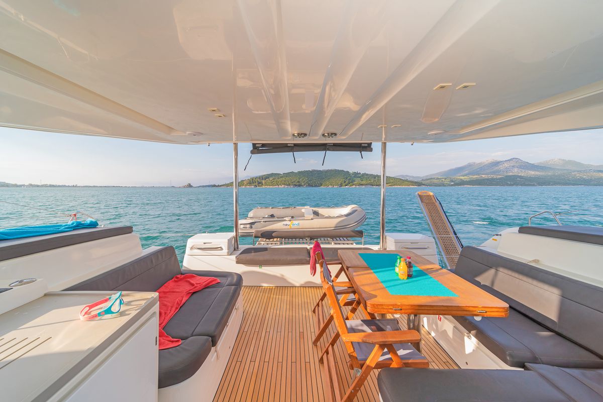 Deck of Andromeda, a Lagoon 50 catamaran at Municipal Unit of Lefkada, Greece