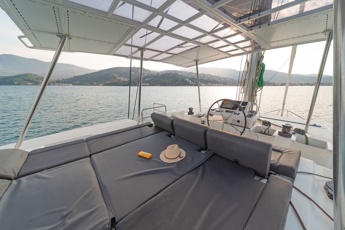 Cockpit of Andromeda, a Lagoon 50 catamaran at Municipal Unit of Lefkada, Greece