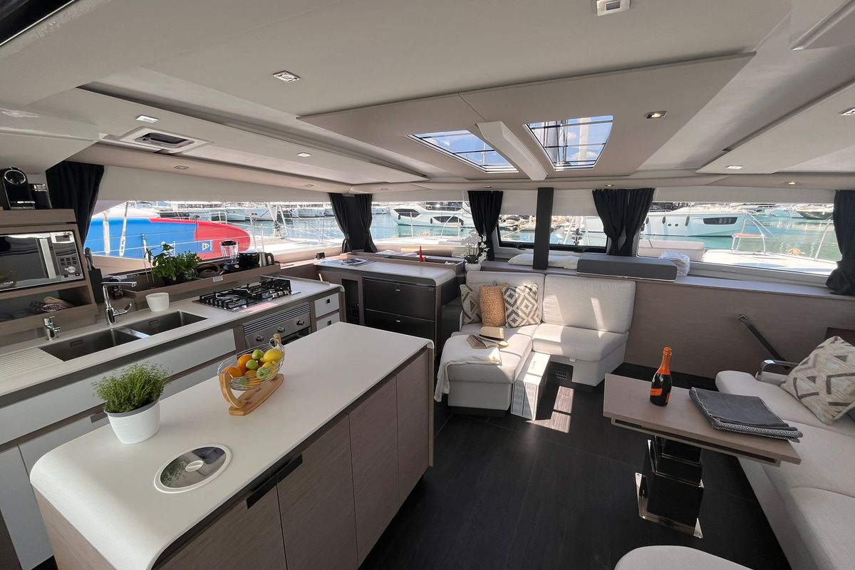 Salon of COSMOS, a Fountaine Pajot Aura 51 catamaran at Seget Donji, Croatia