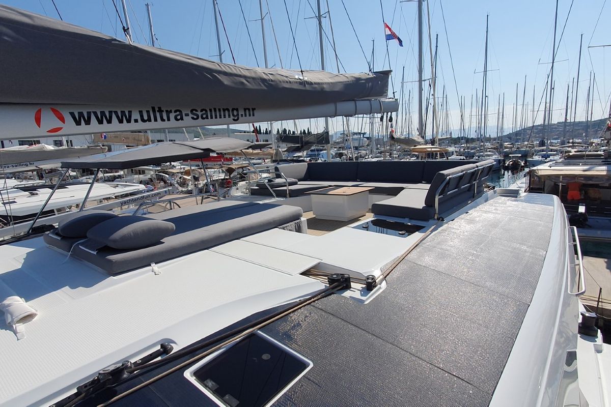 Deck of COSMOS, a Fountaine Pajot Aura 51 catamaran at Seget Donji, Croatia