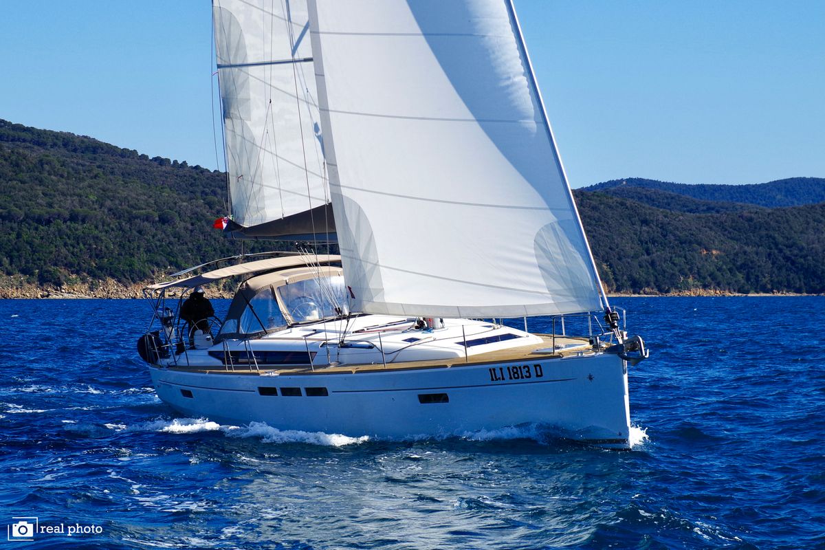 Exterior view of Bianca - Water maker, Solar Panel, a Jeanneau Sun Odyssey 519 sailboat at Puntone di Scarlino, Italy