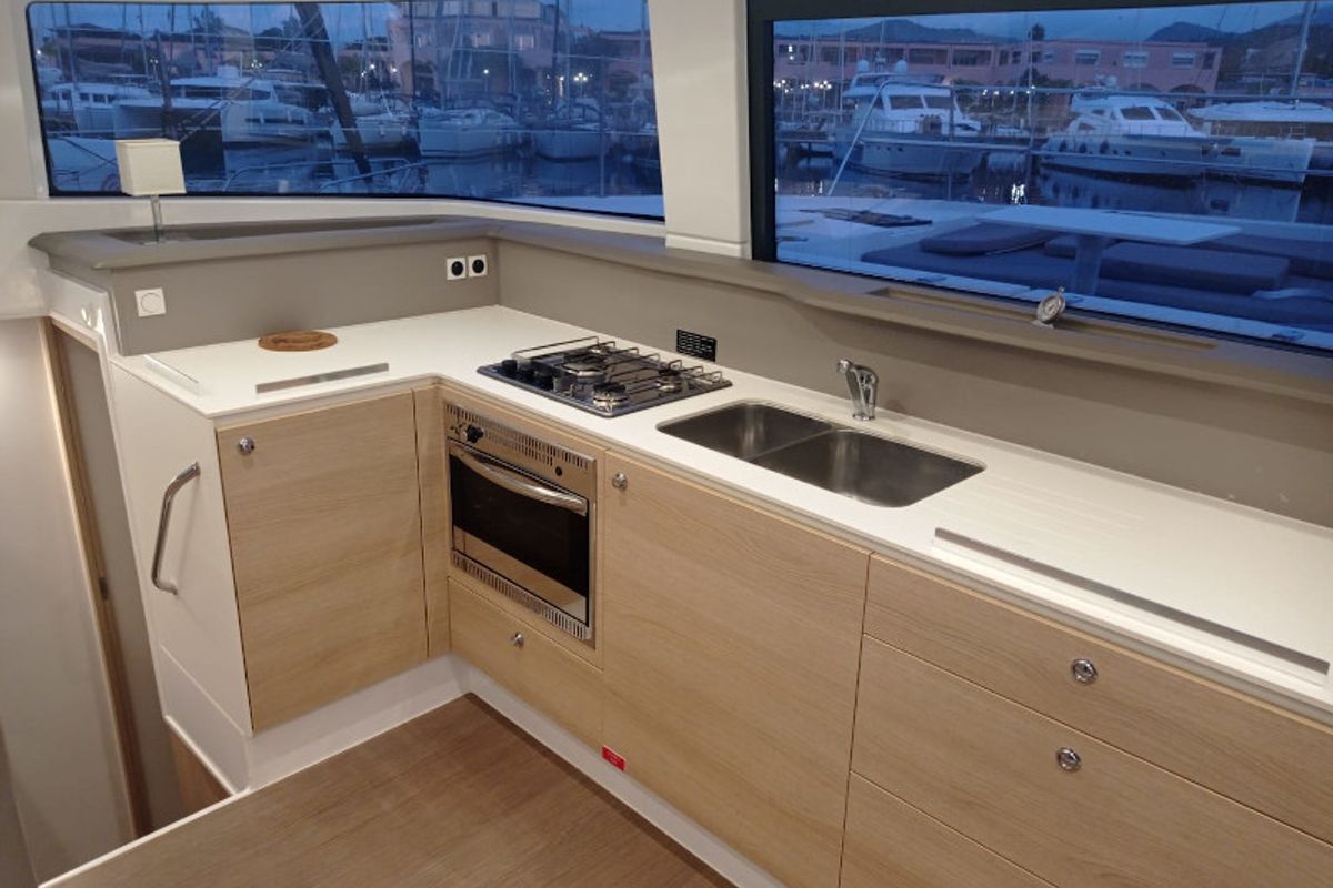 Galley of Mary, a Bali 4.3 catamaran at Cannigione, Italy
