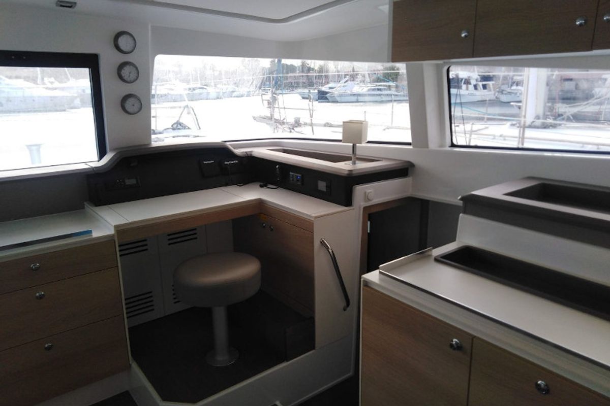 Cockpit of Mary, a Bali 4.3 catamaran at Cannigione, Italy